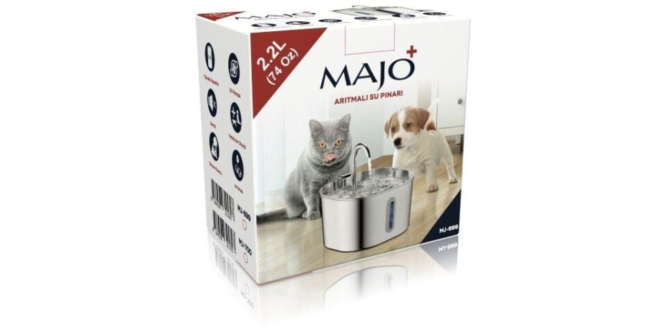 MAJO Çelik Su Pınarı 2,2 L – Paslanmaz Çelik Otomatik Kedi ve Küçük Irk Köpek Su Sebili