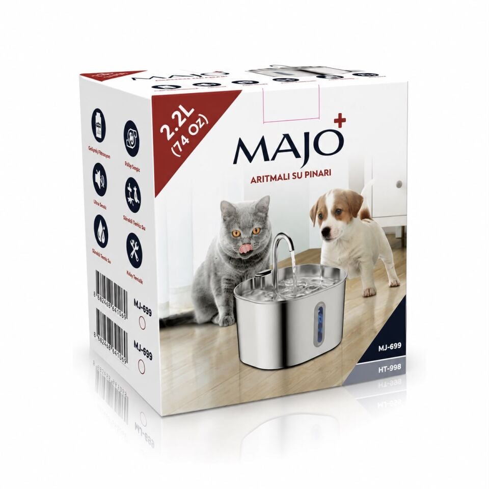 MAJO Çelik Su Pınarı 2,2 L – Paslanmaz Çelik Otomatik Kedi ve Küçük Irk Köpek Su Sebili