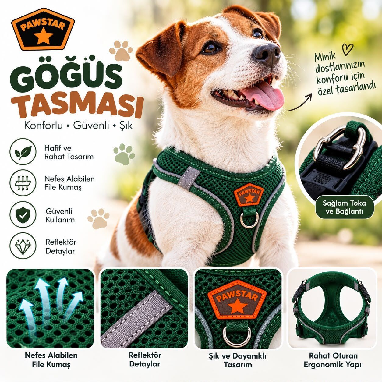 Pawstar Çam Yeşili Airmesh Köpek Göğüs Tasması XS
