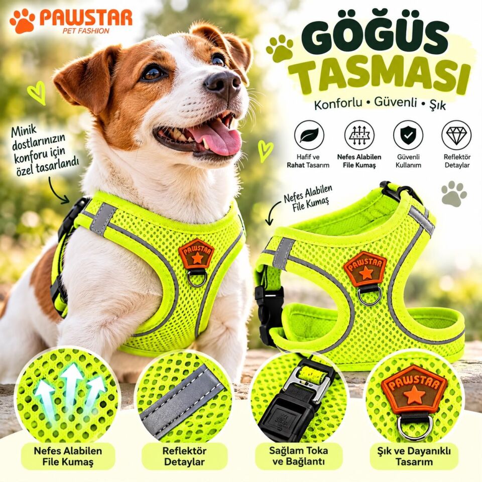 Pawstar Neon Sarı Airmesh Köpek Göğüs Tasması XS