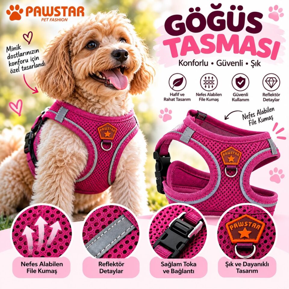 Pawstar Fuşya Airmesh Köpek Göğüs Tasması XS