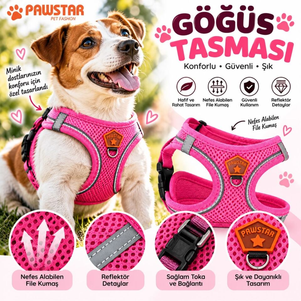 Pawstar Neon Pembe Airmesh Köpek Göğüs Tasması XS
