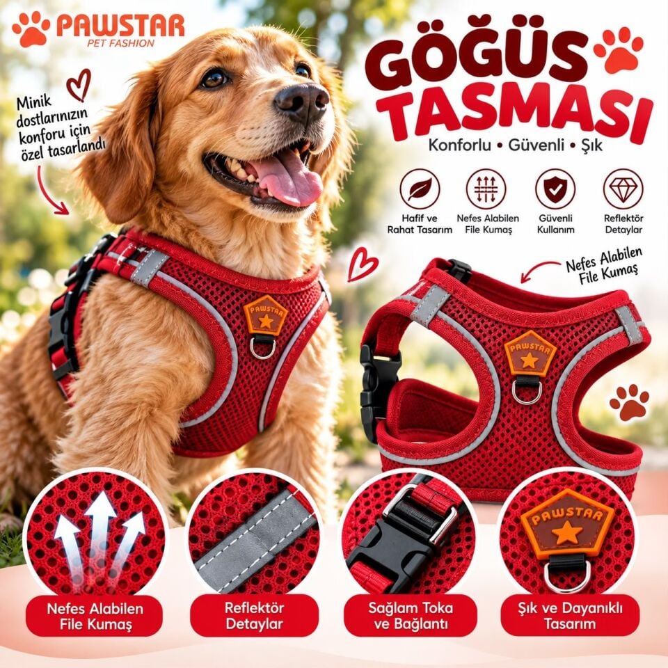 Pawstar Kırmızı Airmesh Köpek Göğüs Tasması XS