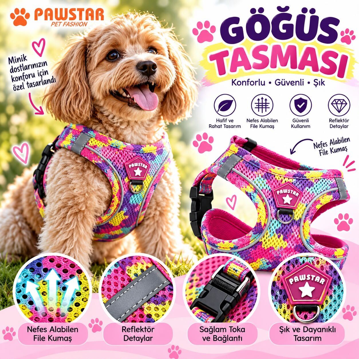 Pawstar Rosea Camouflage Airmesh Köpek Göğüs Tasması XS