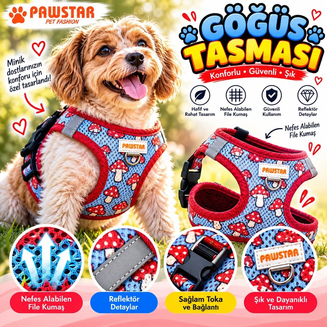 Pawstar Mushroom Airmesh Köpek Göğüs Tasması XS