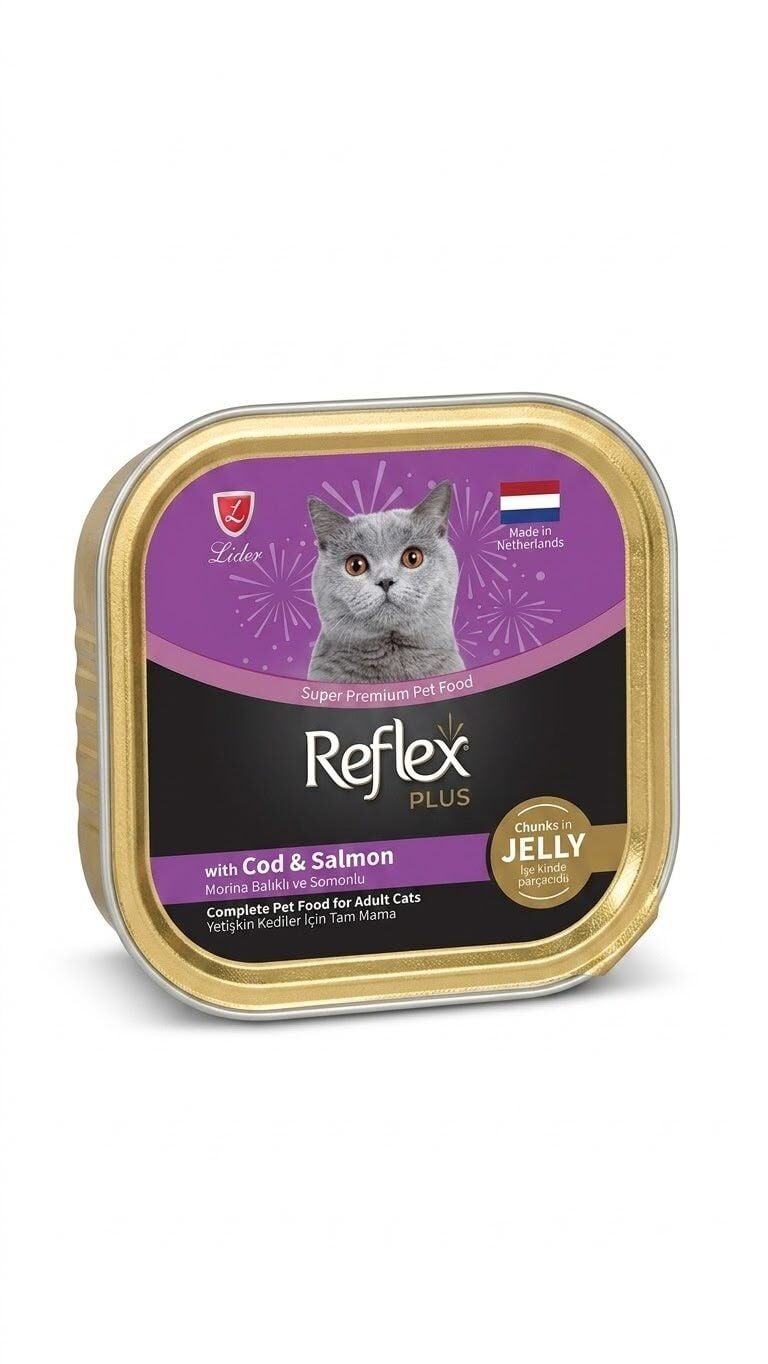 REFLEX PLUS JÖLE İÇİNDE ET PARÇACIKLI MORİNA BALIKLI VE SOMONLU YETİŞKİN KEDİ MAMASI 85 GR