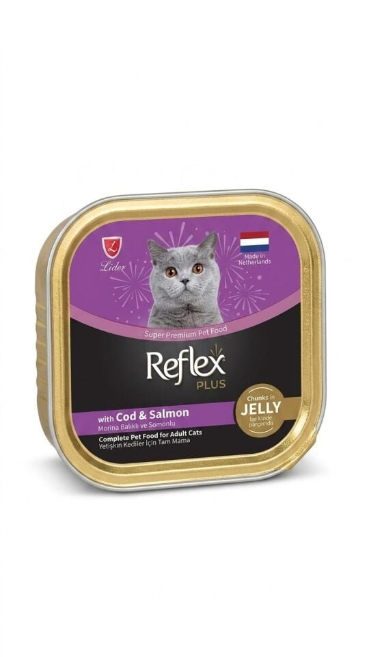 REFLEX PLUS JÖLE İÇİNDE ET PARÇACIKLI MORİNA BALIKLI VE SOMONLU YETİŞKİN KEDİ MAMASI 85 GR