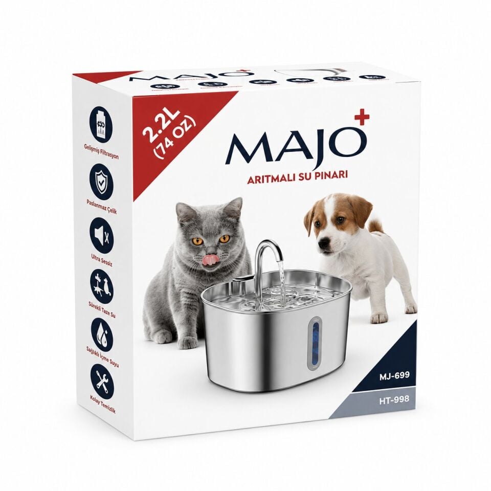 MAJO Çelik Su Pınarı 2,2 L – Paslanmaz Çelik Otomatik Kedi ve Küçük Irk Köpek Su Sebili