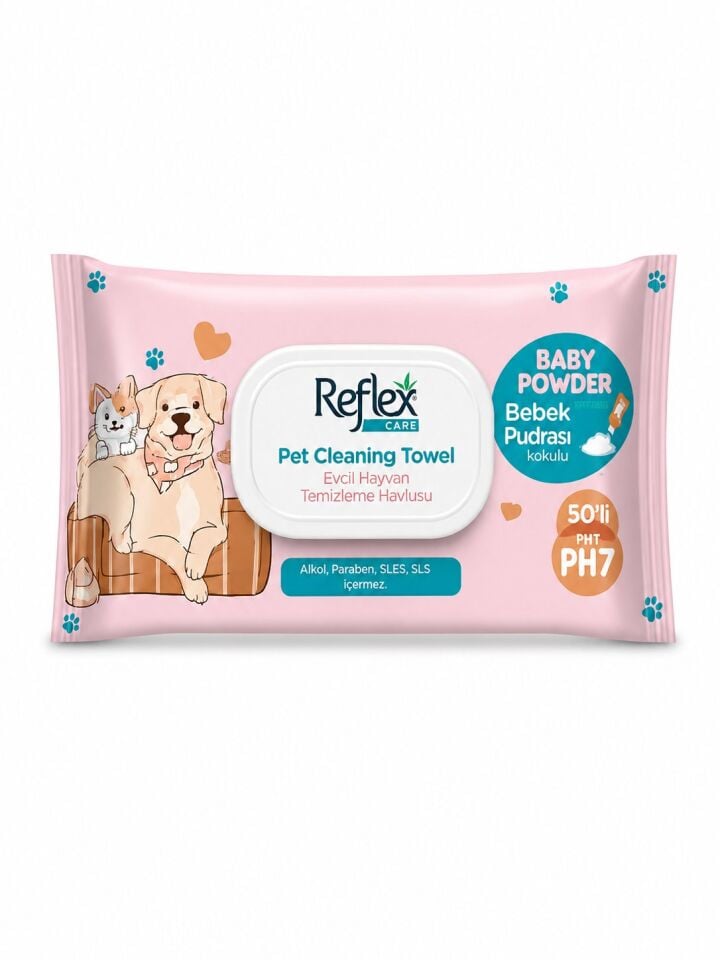 REFLEX CARE EVCİL HAYVANLAR İÇİN ÇOK AMAÇLI HİJYENİK TEMİZLEME HAVLUSU 50’Lİ BEBEK PUDRALI