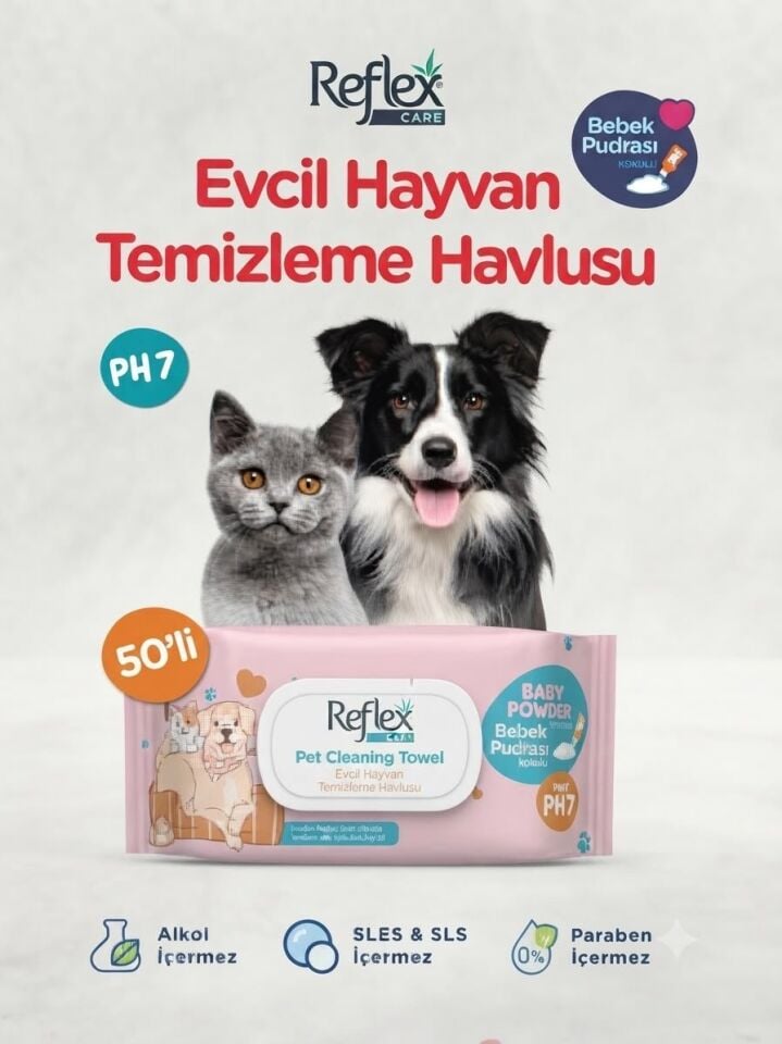 REFLEX CARE EVCİL HAYVANLAR İÇİN ÇOK AMAÇLI HİJYENİK TEMİZLEME HAVLUSU 50’Lİ BEBEK PUDRALI
