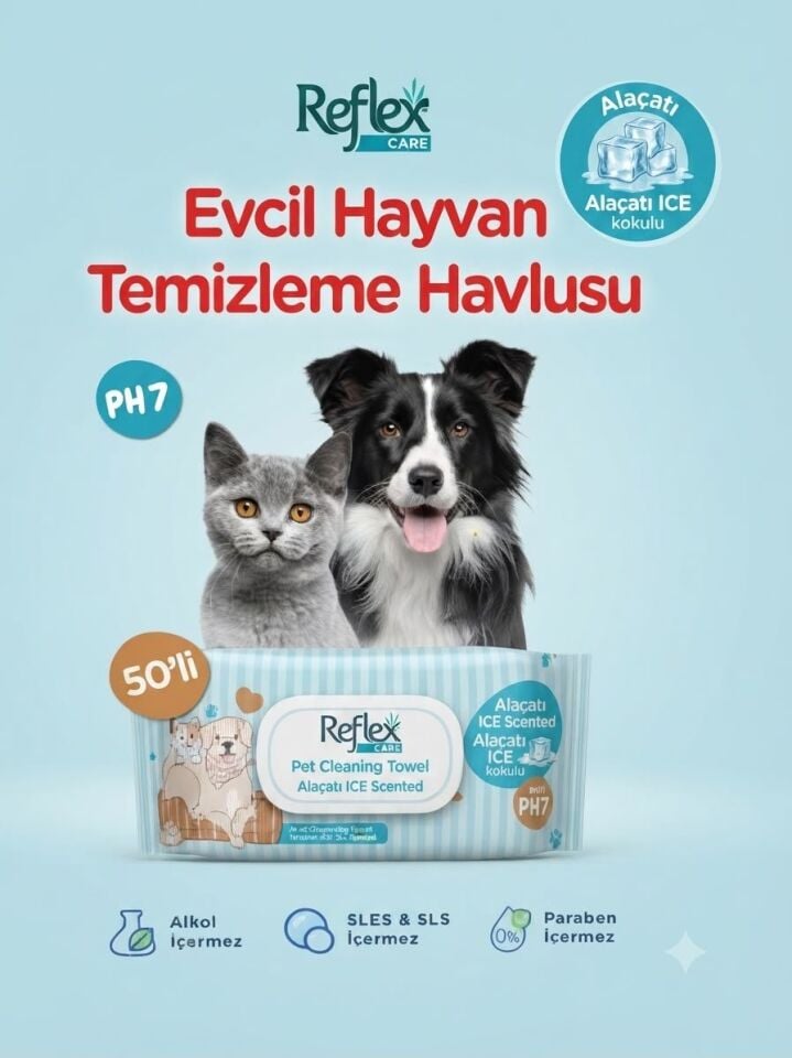 REFLEX CARE EVCİL HAYVANLAR İÇİN ÇOK AMAÇLI HİJYENİK TEMİZLEME HAVLUSU 50Lİ ALAÇATI ICE KOKULU