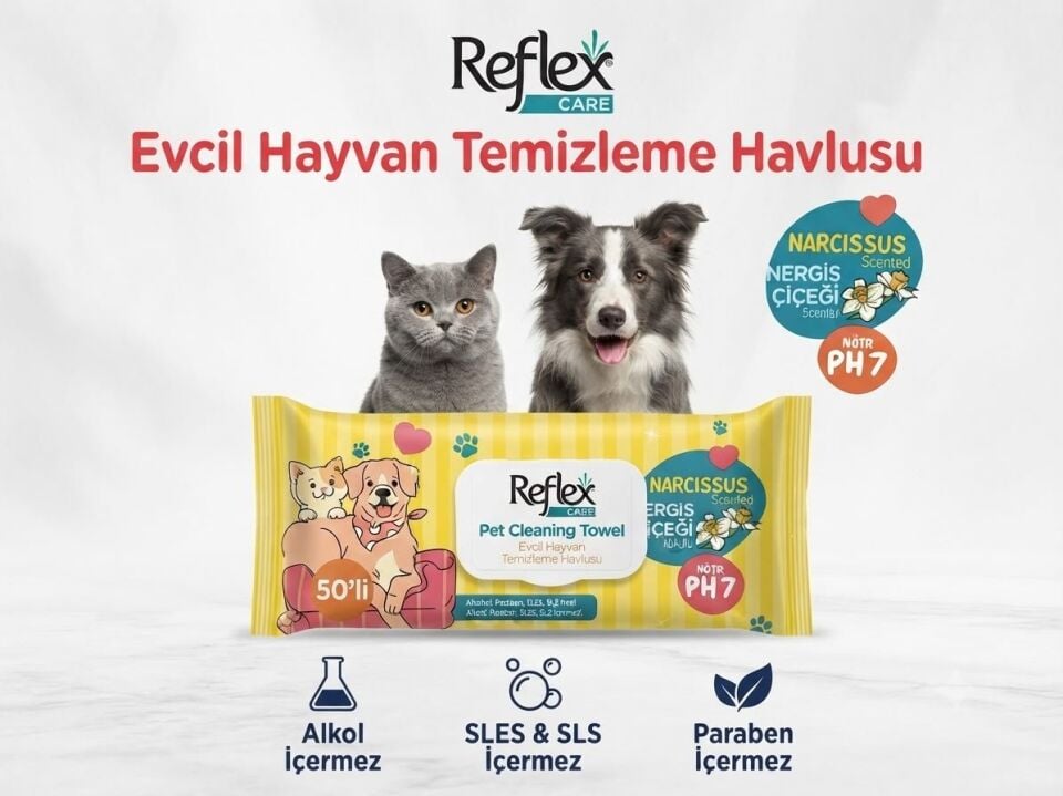 REFLEX CARE EVCİL HAYVANLAR İÇİN ÇOK AMAÇLI HİJYENİK TEMİZLEME HAVLUSU 50Lİ NERGİS ÇİÇEĞİ KOKULU