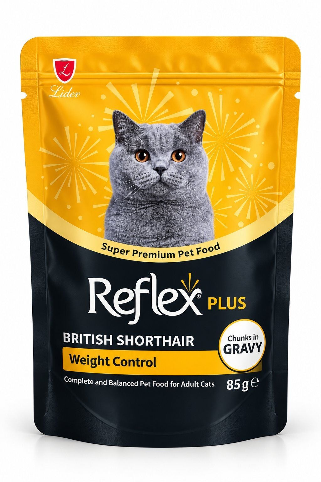 REFLEX PLUS POUCH BRITISH SHORTHAIR SOS İÇİNDE ET PARÇACIKLI WEIGHT CONTROL YETİŞKİN KEDİ MAMASI 85 G