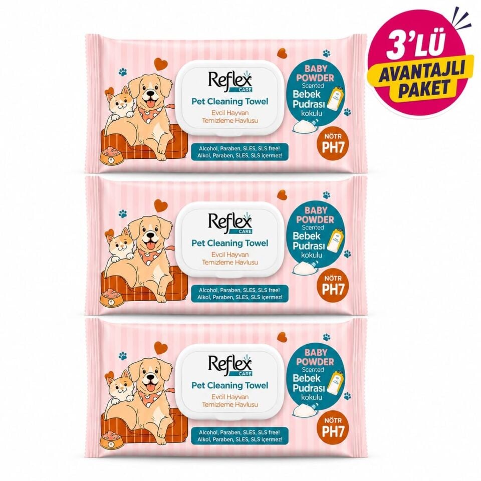 REFLEX CARE EVCİL HAYVANLAR İÇİN ÇOK AMAÇLI HİJYENİK TEMİZLEME HAVLUSU 50’Lİ BEBEK PUDRALI 3 LÜ AVANTAJ PAKET