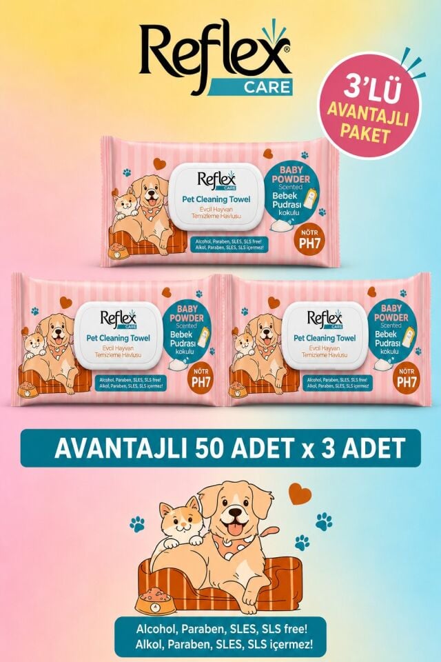 REFLEX CARE EVCİL HAYVANLAR İÇİN ÇOK AMAÇLI HİJYENİK TEMİZLEME HAVLUSU 50’Lİ BEBEK PUDRALI 3 LÜ AVANTAJ PAKET