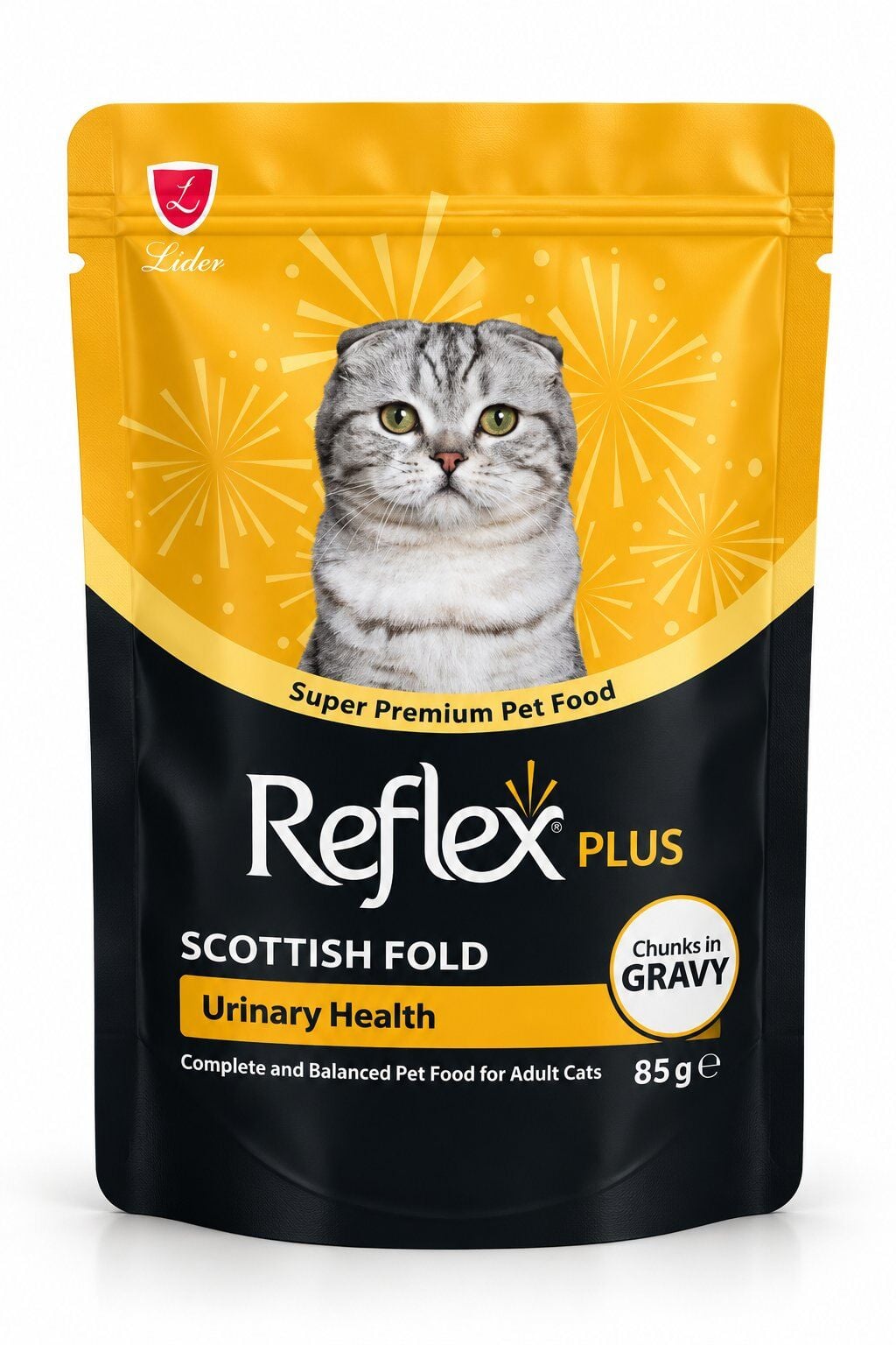 REFLEX PLUS POUCH SCOTTISH FOLD SOS İÇİNDE ET PARÇACIKLI URINARY HEALTH YETİŞKİN KEDİ MAMASI 85 G