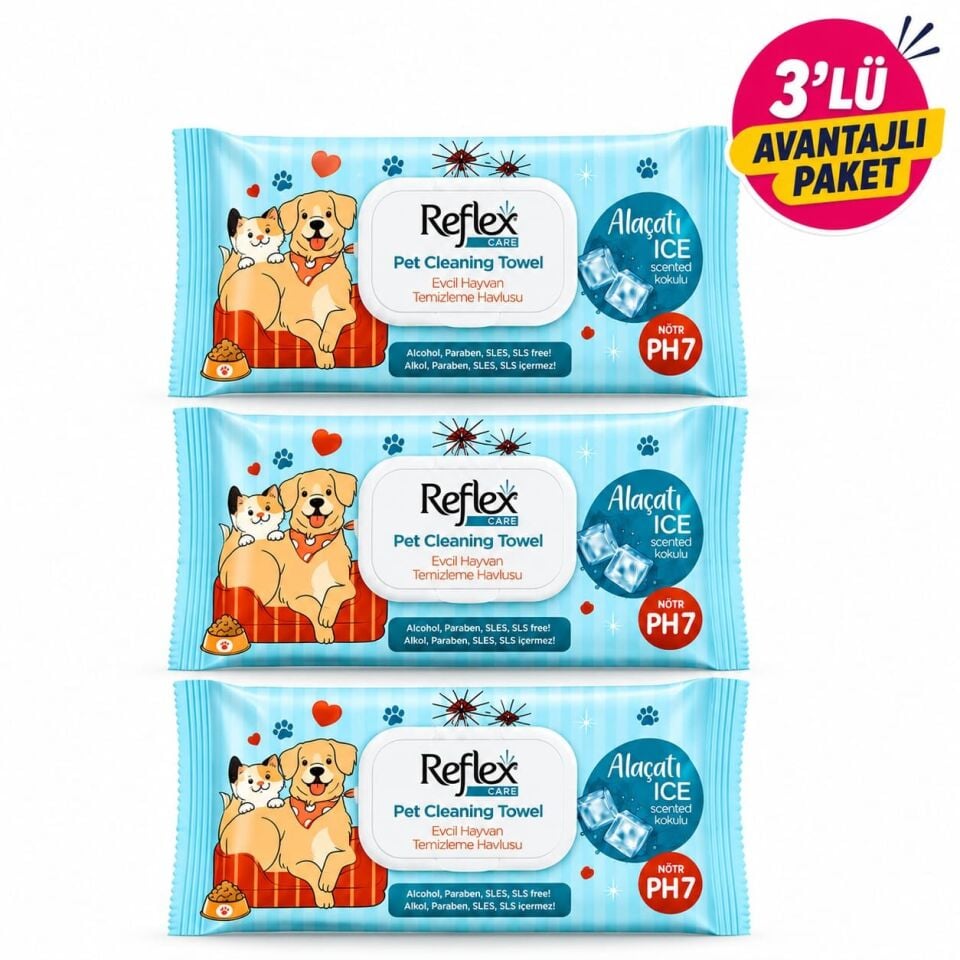 REFLEX CARE EVCİL HAYVANLAR İÇİN ÇOK AMAÇLI HİJYENİK TEMİZLEME HAVLUSU 50Lİ ALAÇATI İCE KOKULU 3 LÜ AVANTAJ PAKET