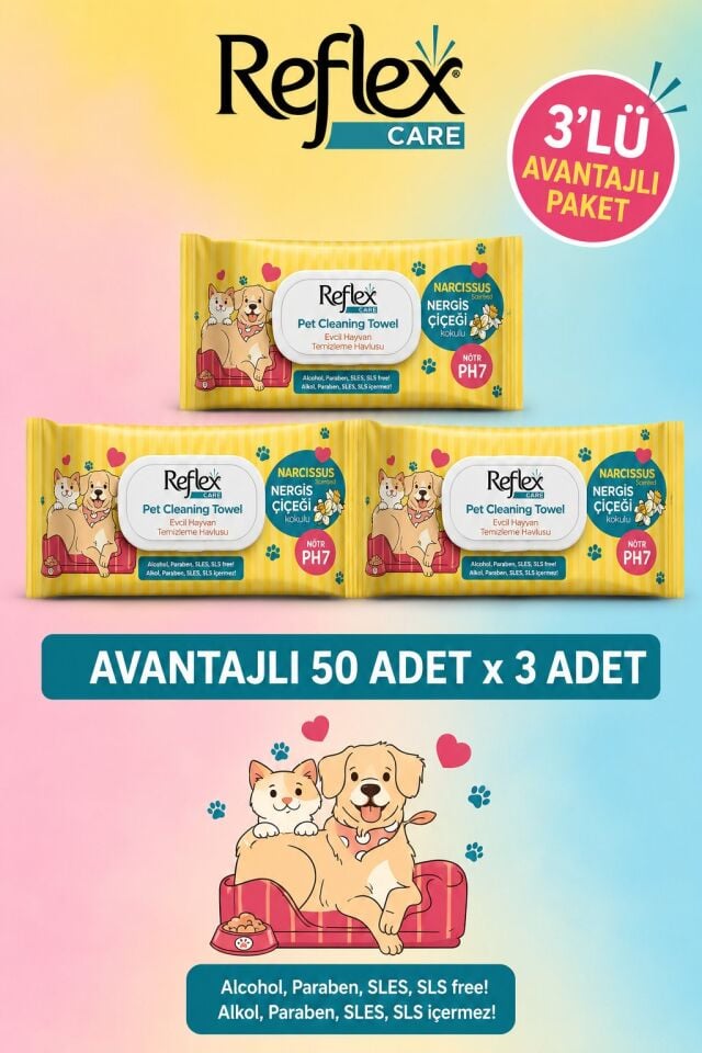 REFLEX CARE EVCİL HAYVANLAR İÇİN ÇOK AMAÇLI HİJYENİK TEMİZLEME HAVLUSU 50Lİ NERGİS ÇİÇEĞİ KOKULU 3 LÜ AVANTAJ PAKET