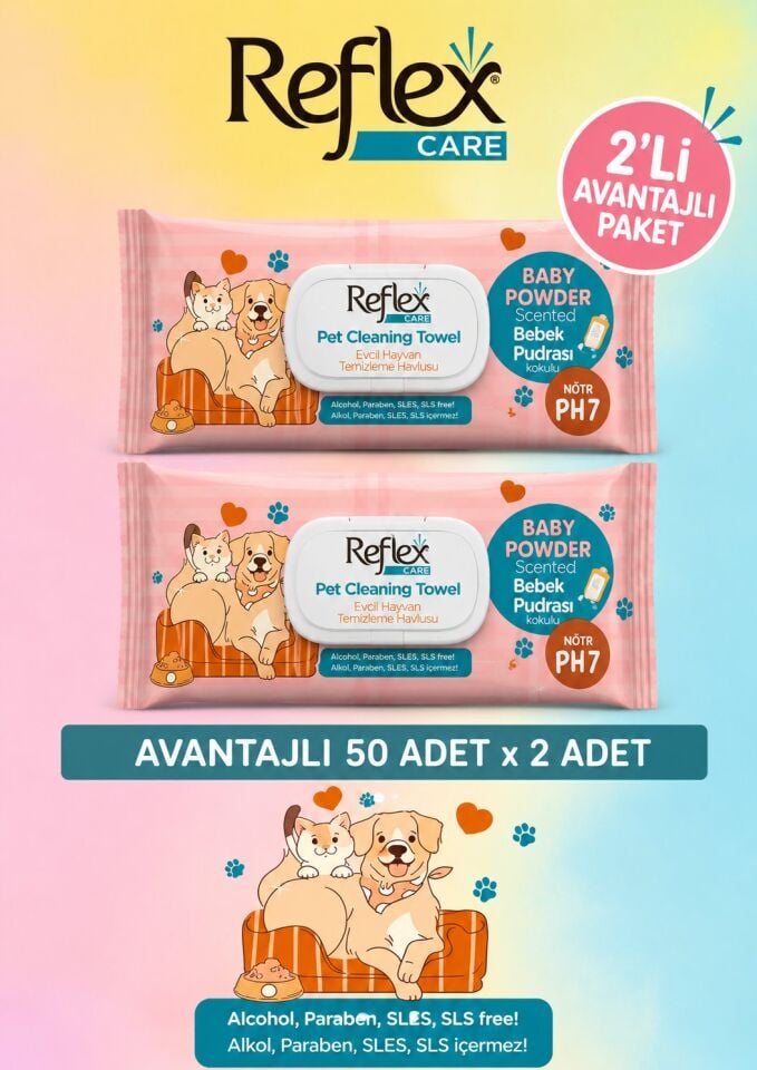 REFLEX CARE EVCİL HAYVANLAR İÇİN ÇOK AMAÇLI HİJYENİK TEMİZLEME HAVLUSU 50Lİ  BEBEK PUDRALI 2 Lİ AVANTAJ PAKET