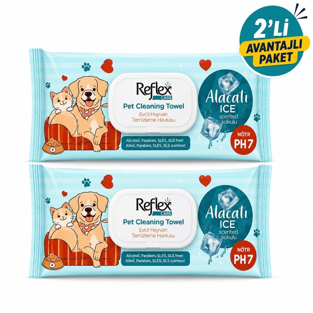 REFLEX CARE EVCİL HAYVANLAR İÇİN ÇOK AMAÇLI HİJYENİK TEMİZLEME HAVLUSU 50Lİ ALAÇATI ICE KOKULU 2Lİ