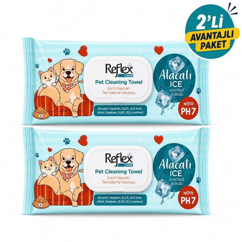 REFLEX CARE EVCİL HAYVANLAR İÇİN ÇOK AMAÇLI HİJYENİK TEMİZLEME HAVLUSU 50Lİ ALAÇATI ICE KOKULU 2Lİ