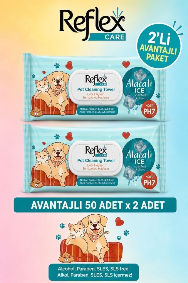 REFLEX CARE EVCİL HAYVANLAR İÇİN ÇOK AMAÇLI HİJYENİK TEMİZLEME HAVLUSU 50Lİ ALAÇATI ICE KOKULU 2Lİ