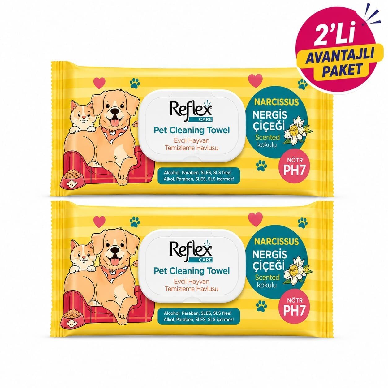 REFLEX CARE EVCİL HAYVANLAR İÇİN ÇOK AMAÇLI HİJYENİK TEMİZLEME HAVLUSU 50Lİ NERGİS ÇİÇEĞİ KOKULU 2Lİ AVANTAJLI PAKET