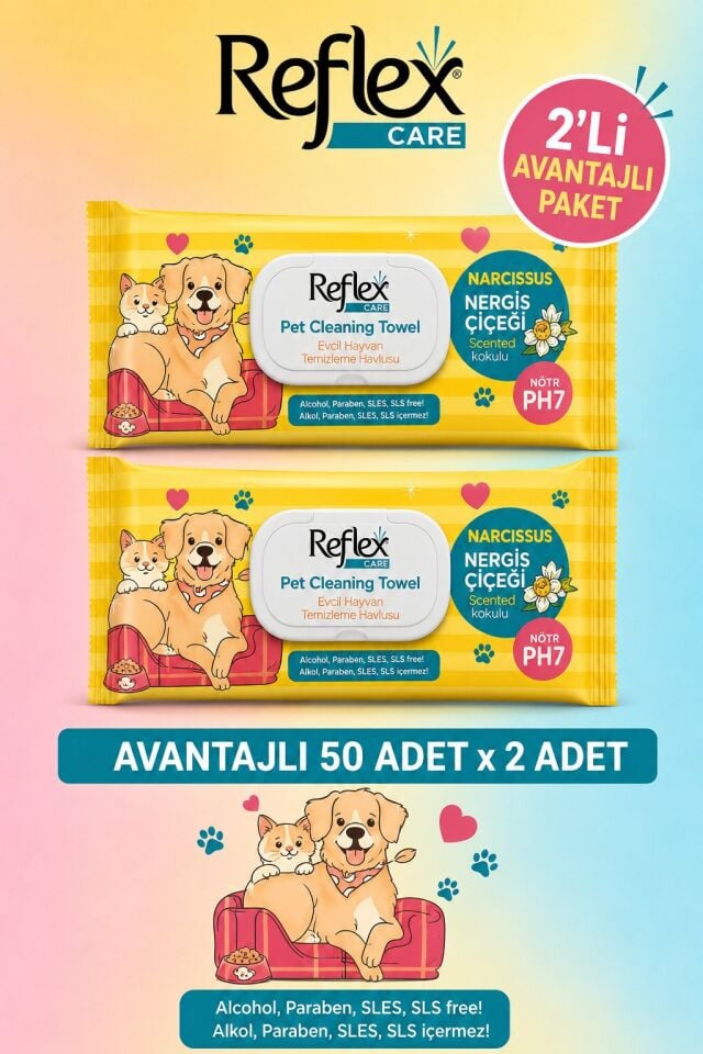REFLEX CARE EVCİL HAYVANLAR İÇİN ÇOK AMAÇLI HİJYENİK TEMİZLEME HAVLUSU 50Lİ NERGİS ÇİÇEĞİ KOKULU 2Lİ AVANTAJLI PAKET