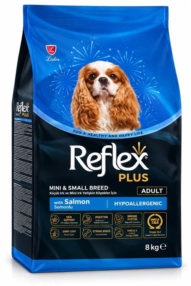 REFLEX PLUS KÜÇÜK VE MİNİ IRK YETİŞKİN KÖPEKLER İÇİN SOMONLU KÖPEK MAMASI 8 KG