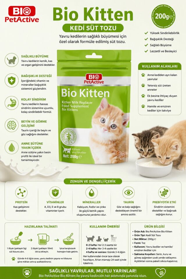 BİO PETACTİVE KİTTEN KEDİ SÜT TOZU 200G