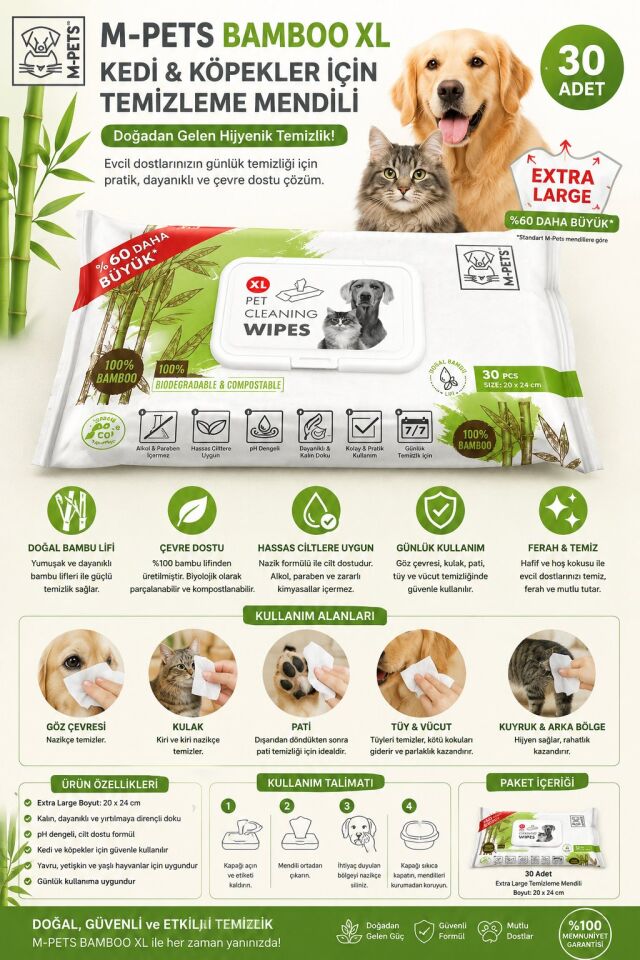 M-PETS BAMBOO XL KEDİ/KÖPEKLER İÇİN TEMİZLEME MENDİLİ 30LU