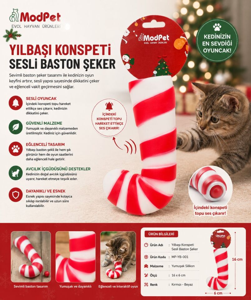 Evcil Hayvan Yılbaşı Konspeti Sesli Baston Şeker