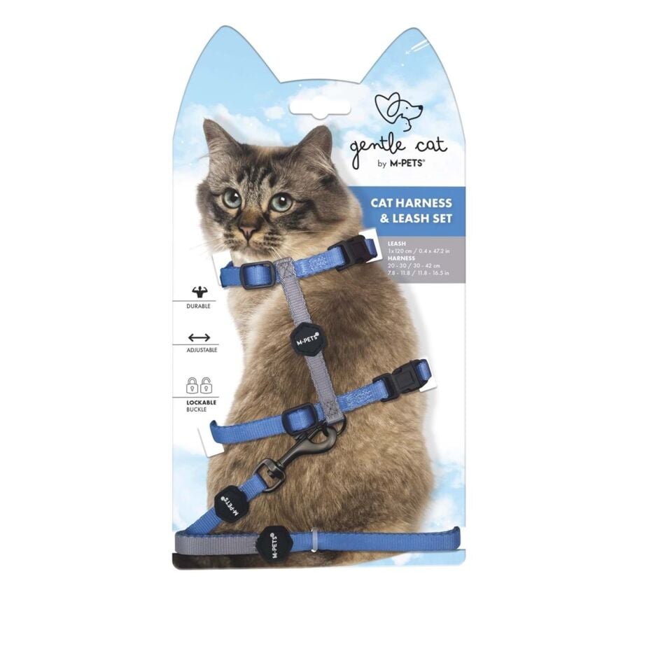 M-PETS GENTLE CAT GÖĞÜS TASMASI ve GEZDİRME SET MAVİ