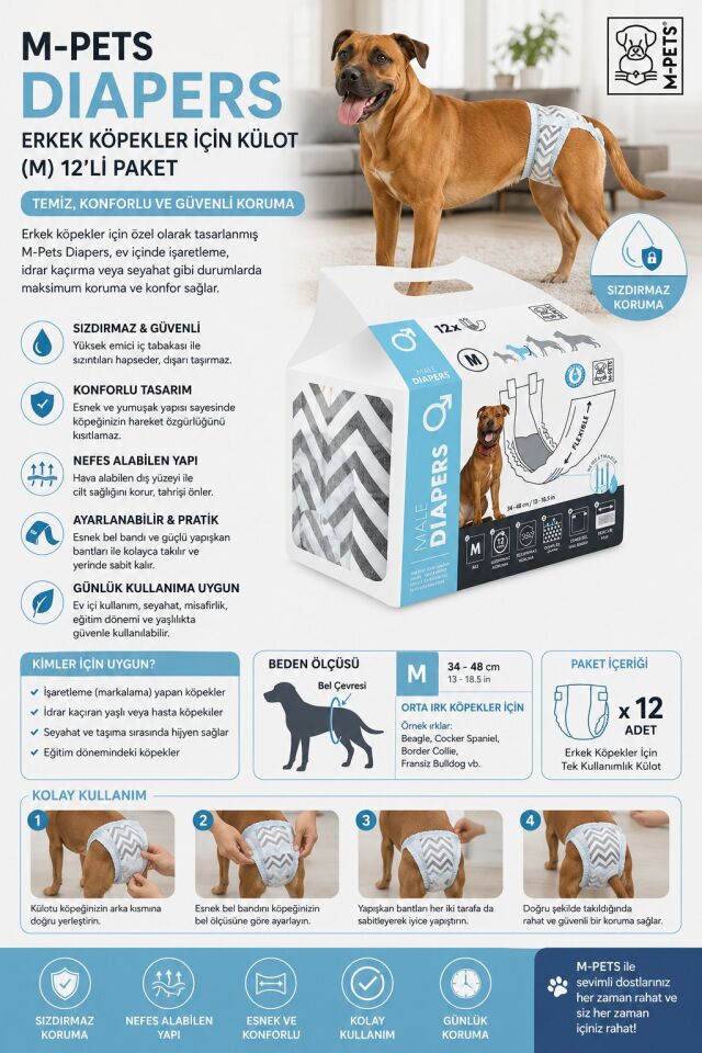 M-PETS DIAPERS ERKEK KÖPEKLER İÇİN KÜLOT (M) 12Lİ