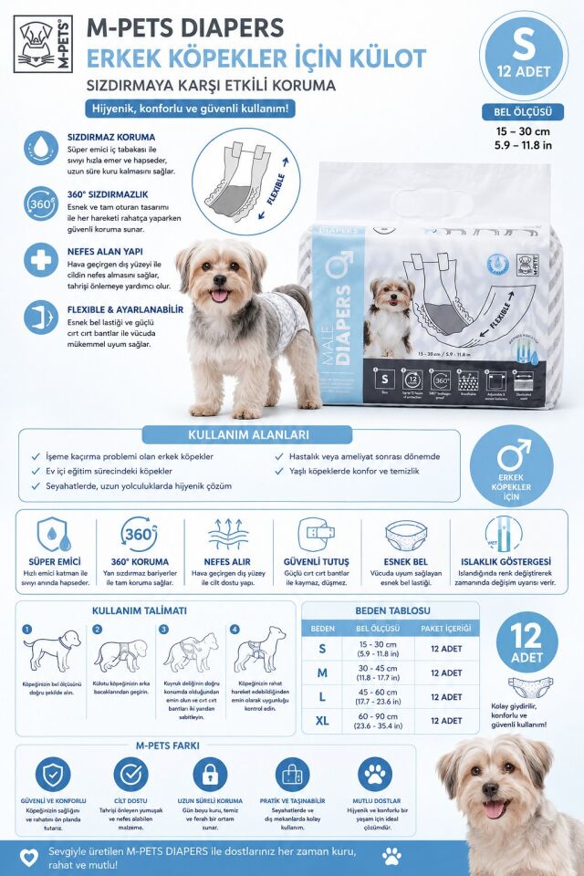 10116199 M-PETS DIAPERS ERKEK KÖPEKLER İÇİN KÜLOT (S) 12Lİ