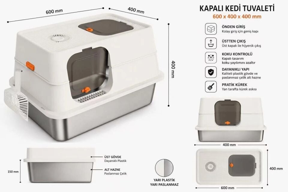 MAJO KEDİ PASLANMAZ KAPALI TUVALET KABI KREM
