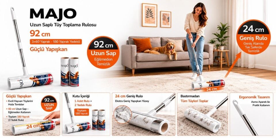 MAJO UZUN SAPLI KEDİ VE KÖPEKLER İÇİN TÜY TOPLAMA 92 CM - 24 CM  GENİŞ RULO 3X60 YAPRAK YEDEKLİ
