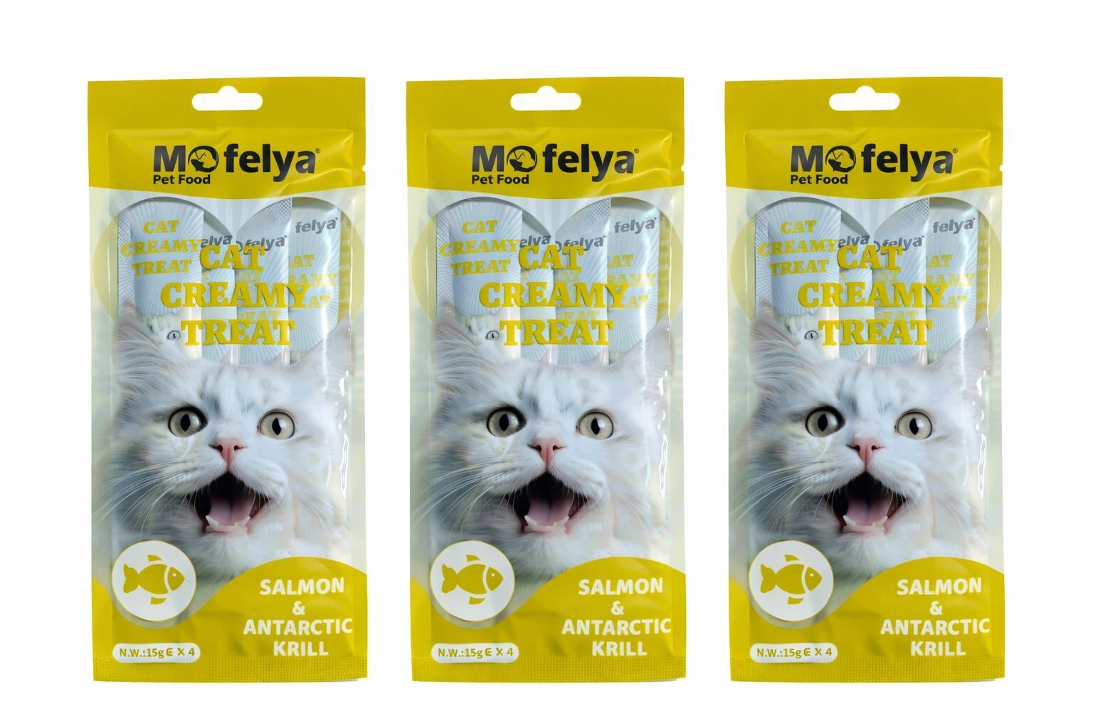 MOFELYA SOMON VE ANTARTİKA KRİLLİ KREM KEDİ ÖDÜL MAMASI 15 GR*4 3' LÜ