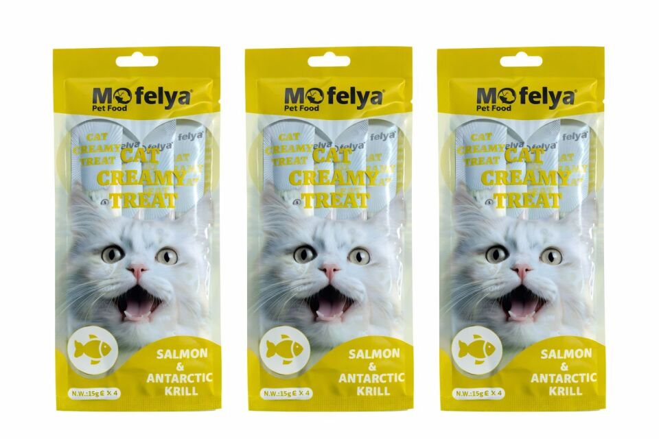 MOFELYA SOMON VE ANTARTİKA KRİLLİ KREM KEDİ ÖDÜL MAMASI 15 GR*4 3' LÜ
