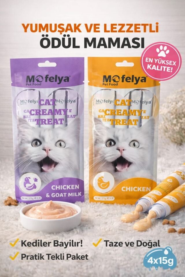 MOFELYA KREM KEDİ ÖDÜL MAMASI TAVUK ÇEŞİTLERİ 15 GR*4 2 Lİ
