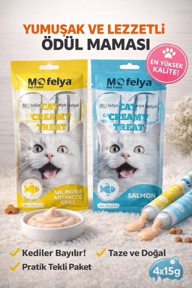 MOFELYA KREM KEDİ ÖDÜL MAMASI BALIK ÇEŞİTLERİ 15GR*4 2 Lİ