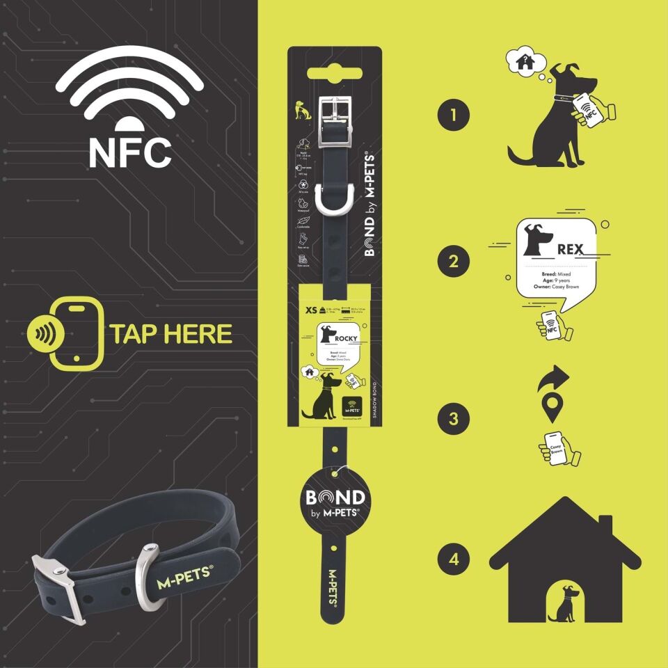 M-PETS BOND NFC SİSTEMLİ SİLİKON BOYUN TASMASI (XS) SİYAH