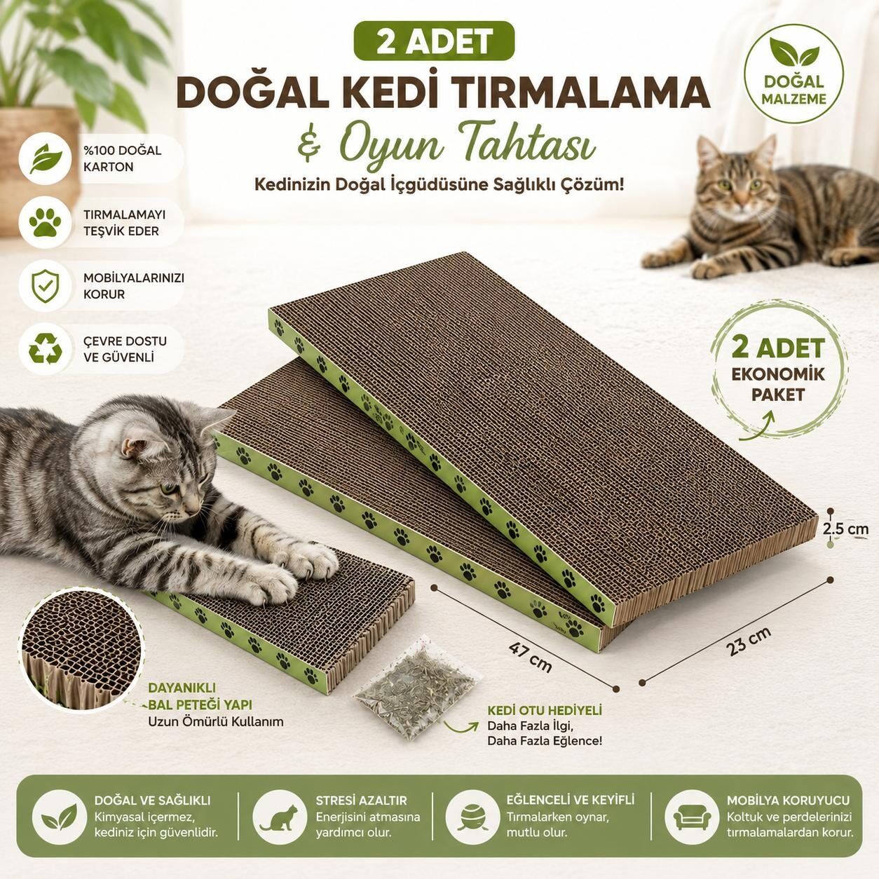 SDF KEDİLER İÇİN TIRMALAMA KARTON OYUNCAK KALIN IKILI KEDİ OTU HEDİYELİ