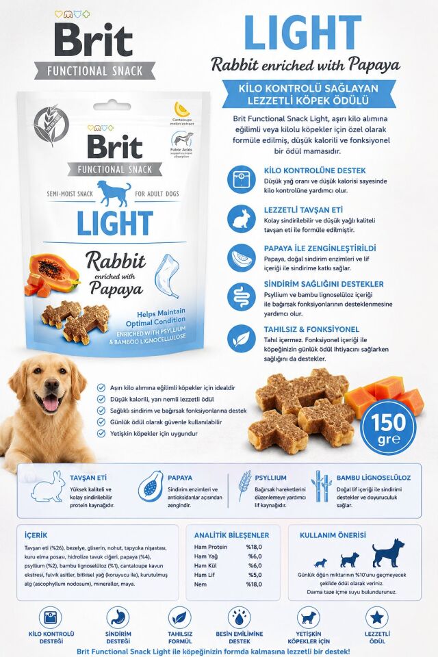Brit Care Brit Light Tavşanlı ve Papayalı Kilo Kontrolü Sağlayan Köpek Ödülü 150gr