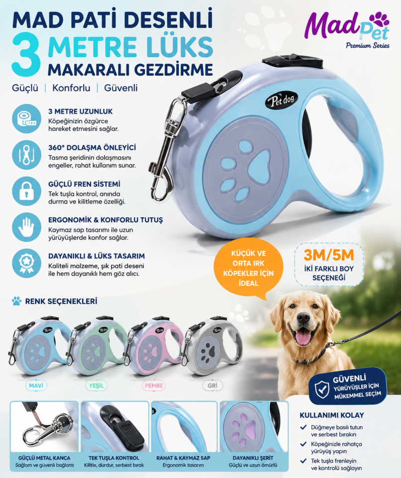MAJO PATİ DESENLİ 3 METRE LÜKS MAKARALI GEZDİRME