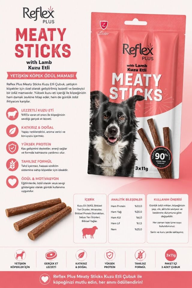 REFLEX PLUS KUZU ETLİ ÇUBUK YETİŞKİN KÖPEK ÖDÜL MAMASI 3*11 G