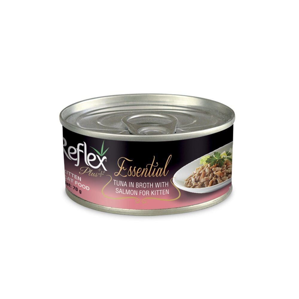 REFLEX PLUS ESSENTIAL YAVRU KEDİ TON BALIKLI VE SOMONLU KONSERVE ET SUYU İÇİNDE 70 GR
