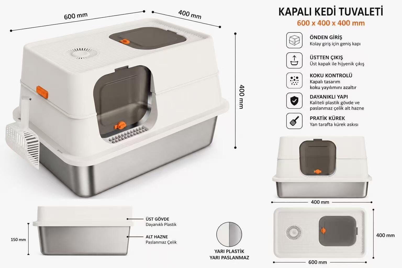 MAJO KAPALI KEDİ TUVALETİ PASLANMAZ ÇELİK HAZNELİ