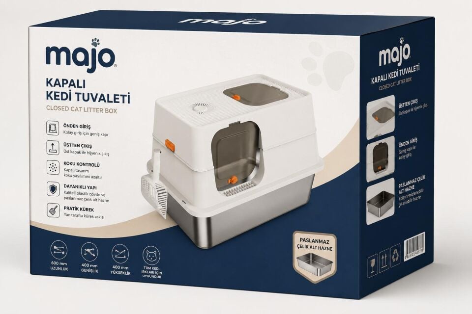 MAJO KAPALI KEDİ TUVALETİ PASLANMAZ ÇELİK HAZNELİ