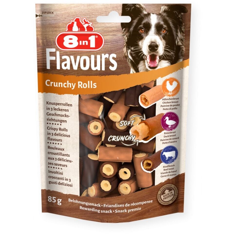 8IN1 FLAVOURS CRUNCHY ROLLS KÖPEK ÖDÜL MAMASI TAVUKLU-ÖRDEKLİ-SIĞIR ETLİ 85GR